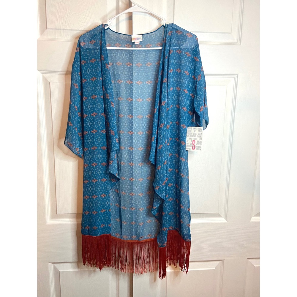 LuLaRoe Monroe Kimono Wrap Blue Geometric Print Red Fringe Small NWT